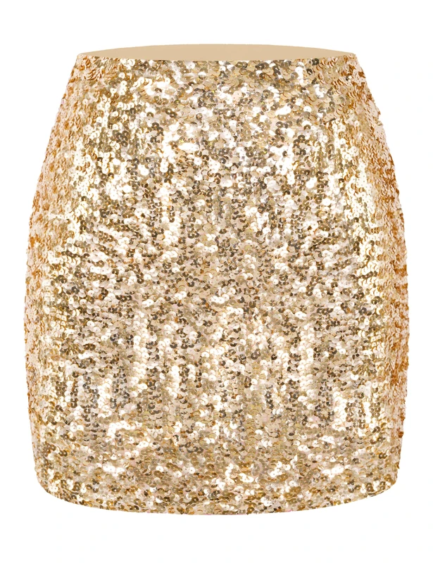 MANER Women's Sequin Skirt Sparkle Stretchy Bodycon Mini Skirts Night Out Party, Champagne, Small