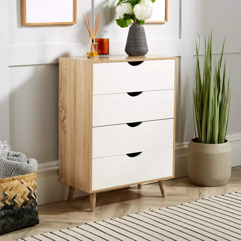 Home Source Chest of 4 Drawers Bedroom Storage Cabinet, Solid Wood Legs, Scandi Style, Oak Effect