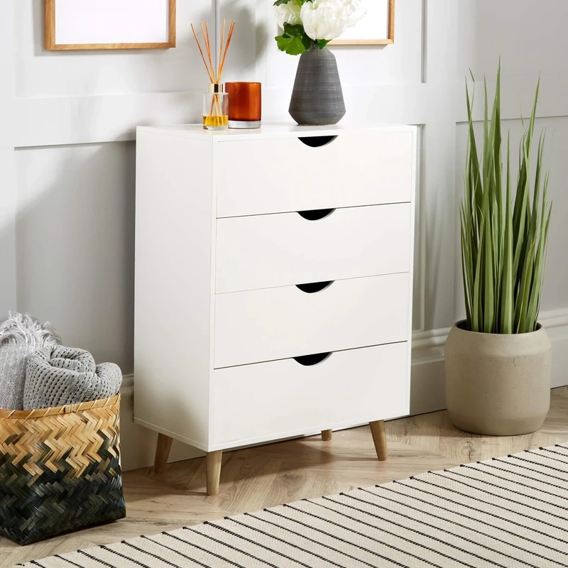 Home Source Chest of 4 Drawers Bedroom Storage Cabinet, Solid Wood Legs, Scandi Style, White