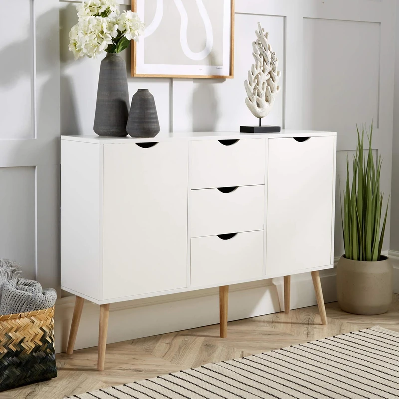 Home Source Sideboard Storage Cabinet, 2 Door, 3 Drawer Cupboard, Solid Wood Legs, White, Scandi Style