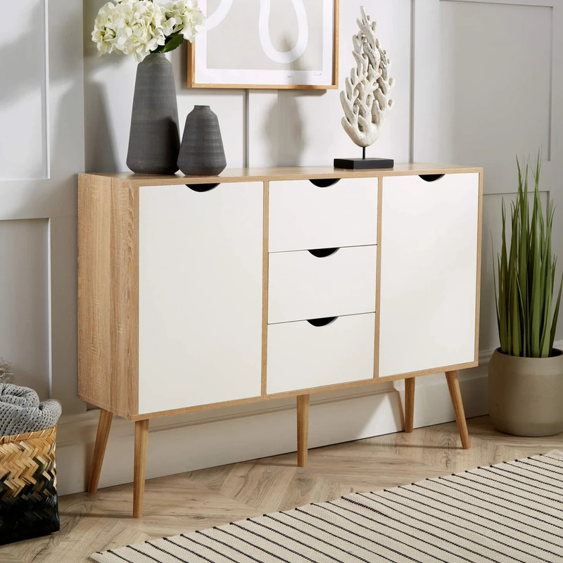 Home Source Sideboard Storage Cabinet, 2 Door, 3 Drawer Cupboard, Solid Wood Legs, Oak Effect White, Scandi Style