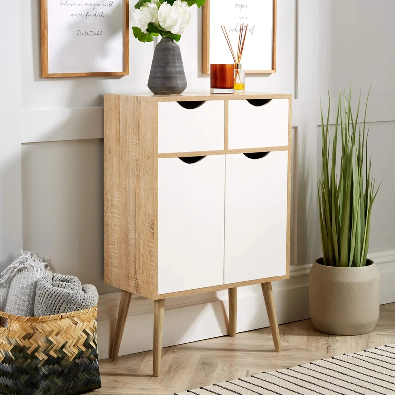 Home Source Sideboard Storage Cabinet, 2 Door, 2 Drawer Cupboard, Solid Wood Legs, Oak Effect White, Scandi Style