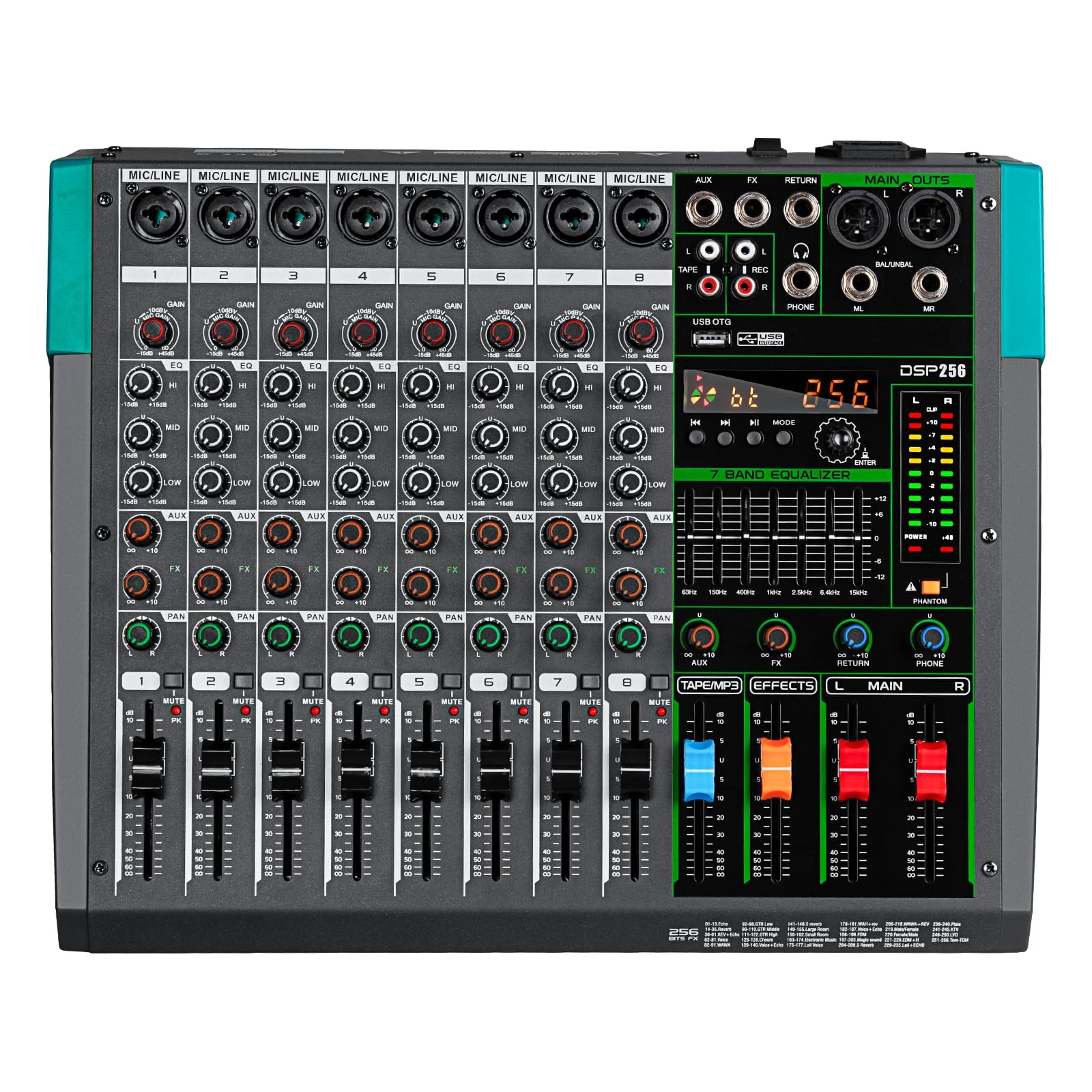 Depusheng PA8 Professional 8 channel audio mixer DJ controller with 259 DSP effects Bluetooth input USB player 48V phantom power