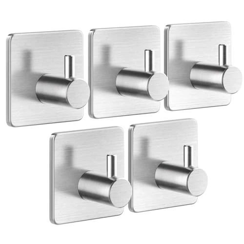 Auxmir 5 Pack Self Adhesive Hooks, Max 10kg Heavy Duty Sticky Hooks, Stainless Stick on Towel Hook, Nail Free Adhesive Hook for Kitchen, Bathroom, Cupboards, Office, Doors, Walls, Coats, Keys