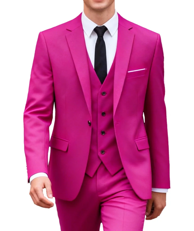 UNINUKOO Men Suits Slim Fit 3 Piece 1 Button Wedding Formal Business Tuxedo Suit Jacket Pants Vest Set, Pink, Large