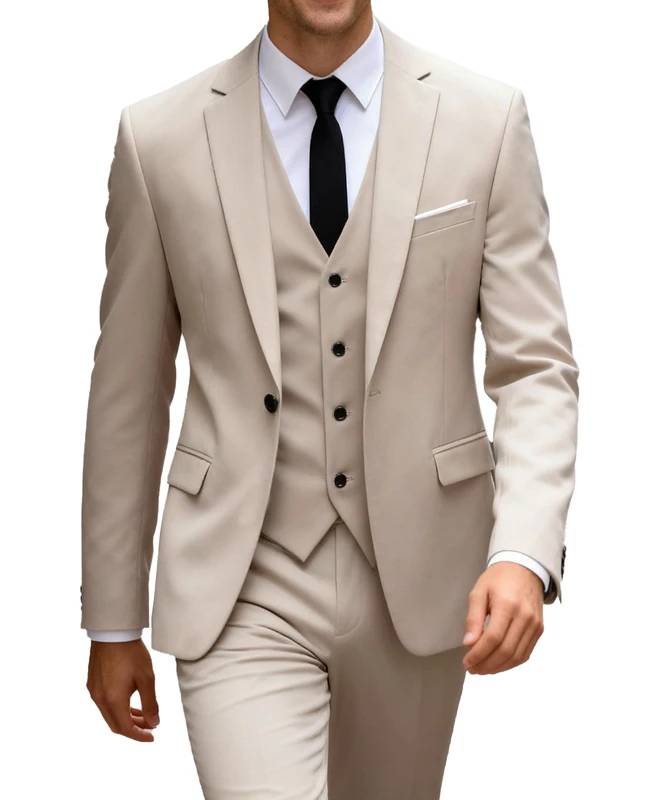 UNINUKOO Men Suits Slim Fit 3 Piece 1 Button Wedding Formal Business Tuxedo Suit Jacket Pants Vest Set, Beige, Medium
