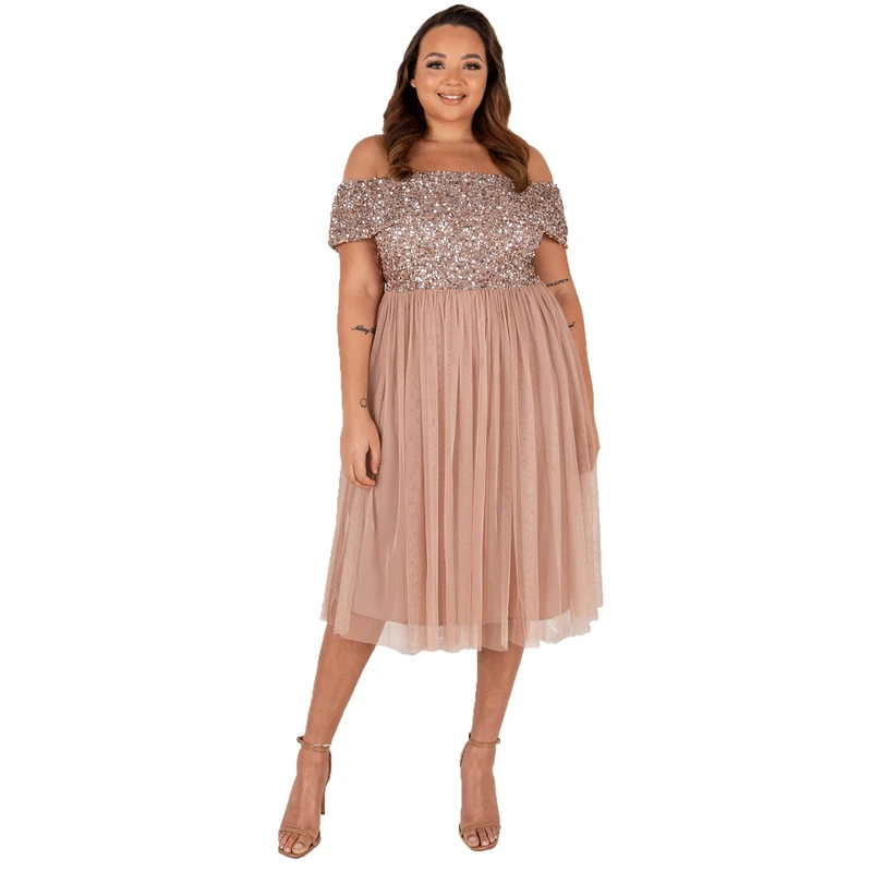 Maya Deluxe Women's Ladies Bardot Dresses Midi High Empire Waist Sequins Embellished Formal Evening for Wedding Guest Bridesmaid, Taupe Blush, 28