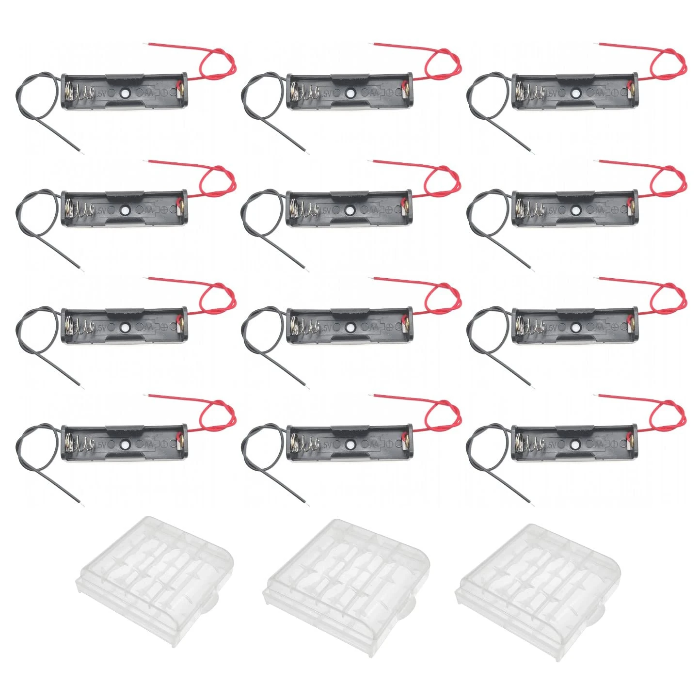 JZK 12PCS Single AA Battery Holder with Wire Leads, plastic AA cell battery holder case with leads, 1.5V AA Battery Holder Box, plus 3 Cell Battery Storage Case