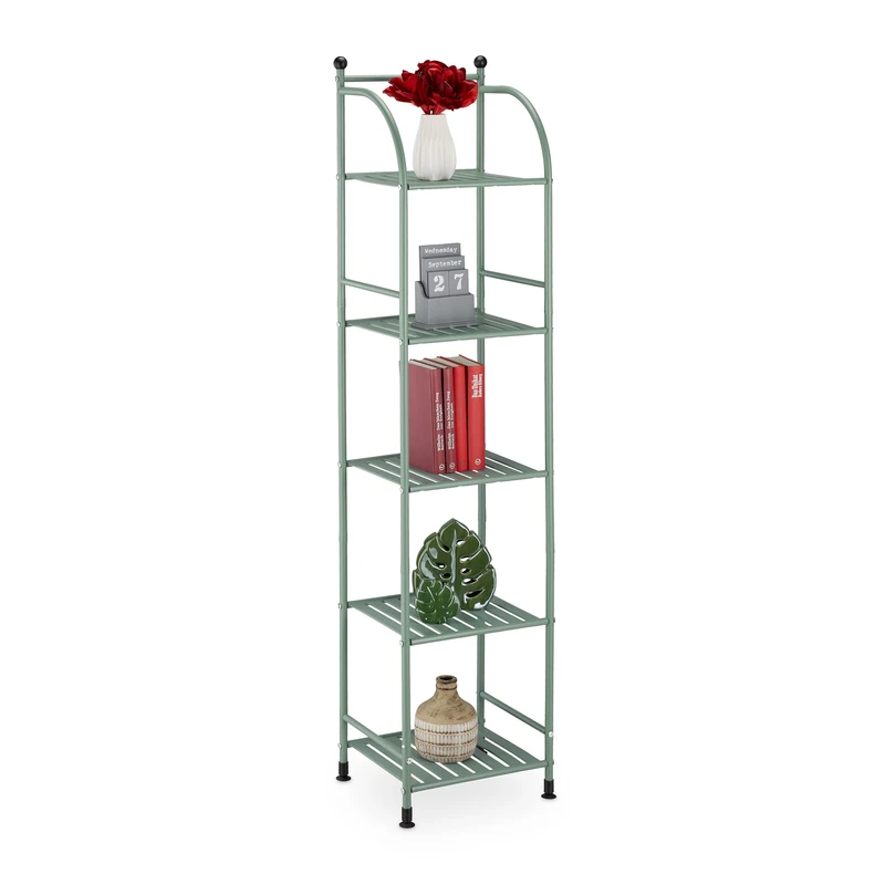 Relaxdays Narrow Storage Unit, 145 X 33 X 28 cm, Kitchen & Bathroom Shelf, 5 Lattice Trays, Metal Standing Tower, Green, Steel
