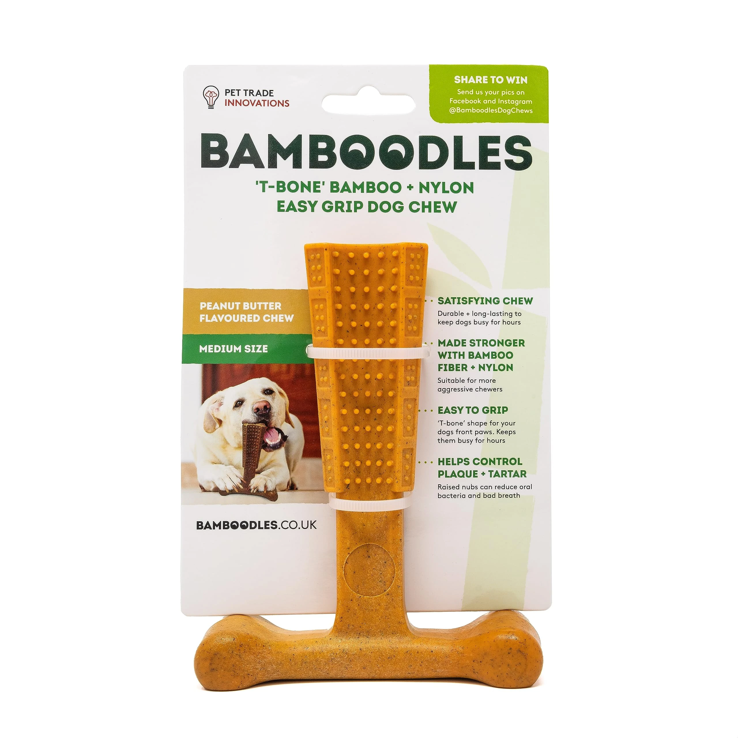 Bamboodles T-Bone Dog Chew Toy – Medium | Peanut Butter Flavour | Long Lasting Natural Chew Stick for Medium Dogs | Durable and Safe Dog Chew for Daily Gnawing Fun