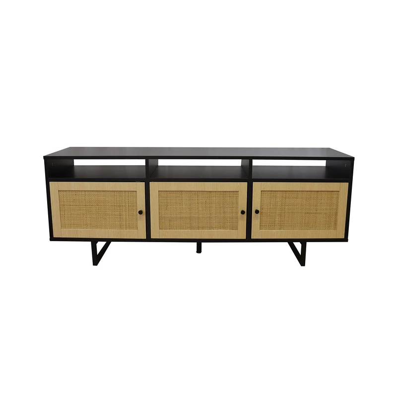 House & Homestyle Black & Rattan Style TV Storage Stand Cabinet Entertainment Unit for Living Room Lounge