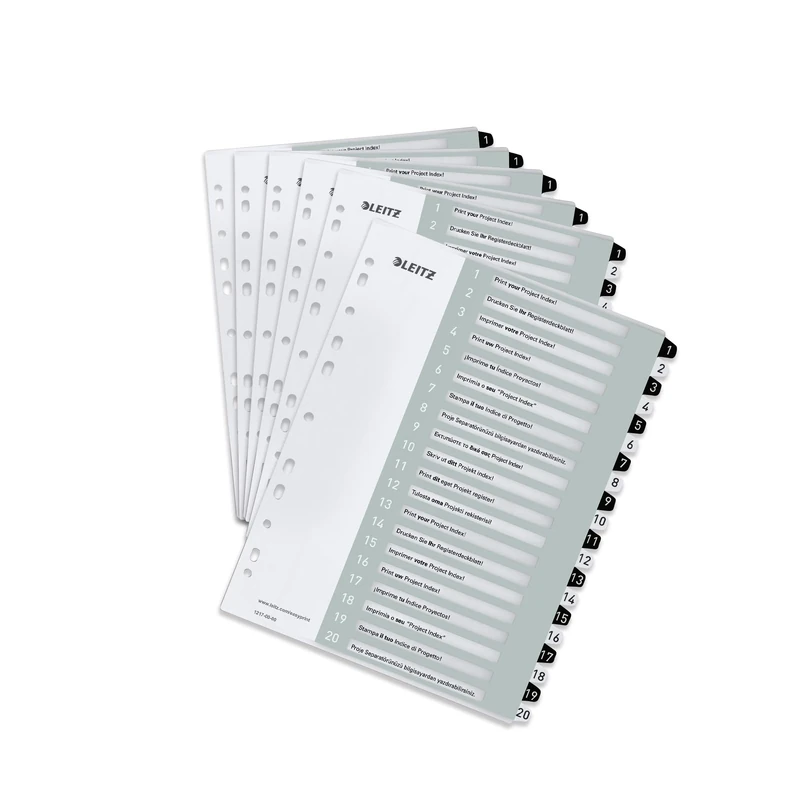 Leitz Index for A4, Pack of 6, PC-Writable Cover Sheet and 20 Dividers, Tabs with Number Print 1-20, Extra Width, White/Black, Polypropylene, Wow, 12170000