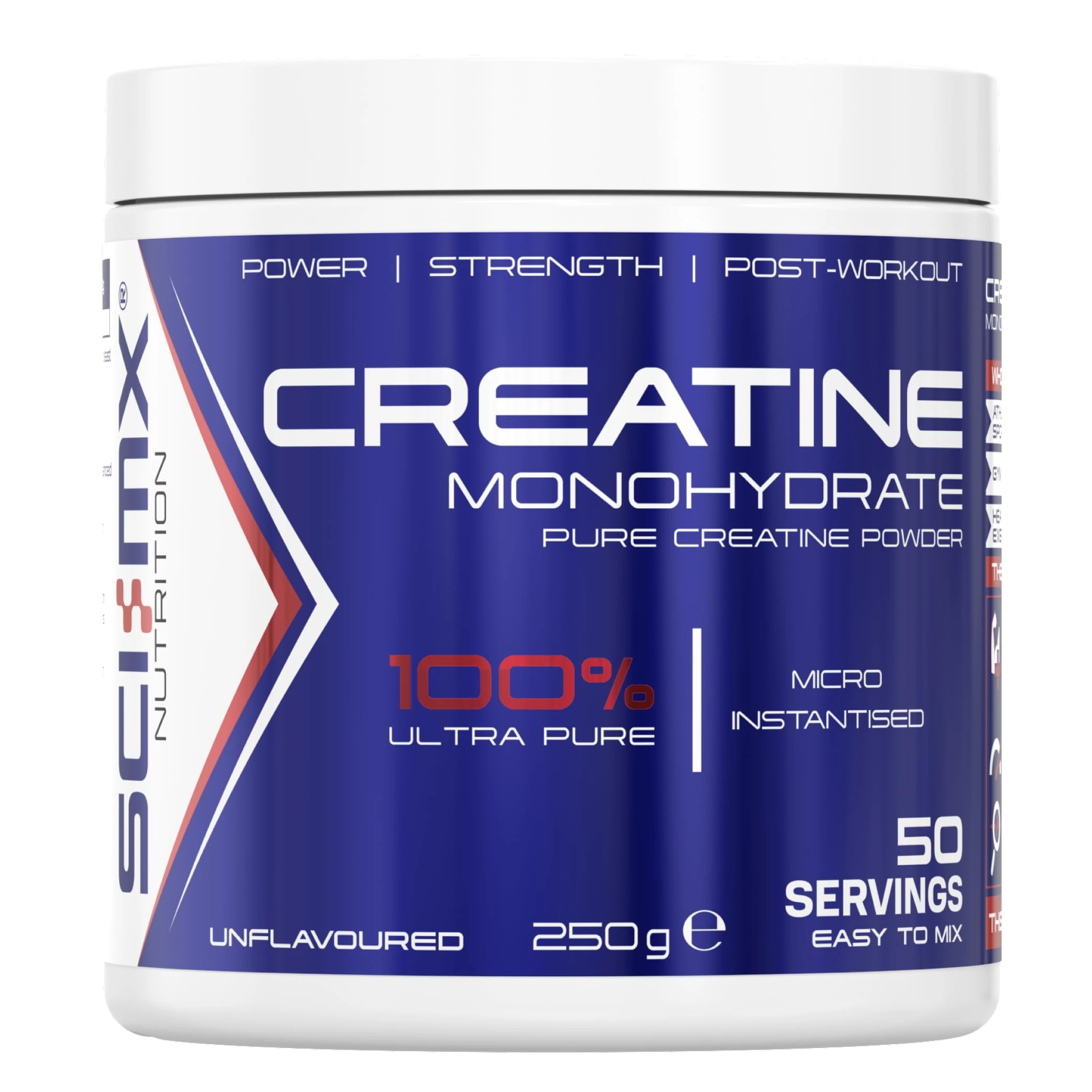 SCI-MX Creatine Monohydrate Powder • 250g • 100% Ultra Pure Micro-Instantised Creatine • Easy to Dissolve & Unflavoured • Supplement for Strength, Power & Performance • Vegan • for Men & Women