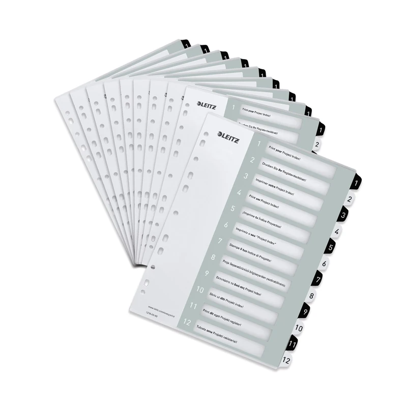 Leitz Wow Printable Index, Extra-Wide, 1-12 Numbered Tabs, PP, A4, White/Black, 12160000