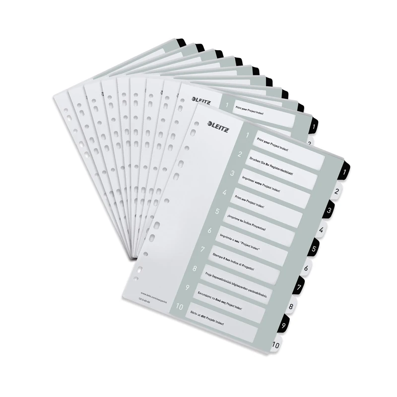 Leitz Wow Printable Index, Extra-Wide, 1-10 Numbered Tabs, PP, A4, White/Black