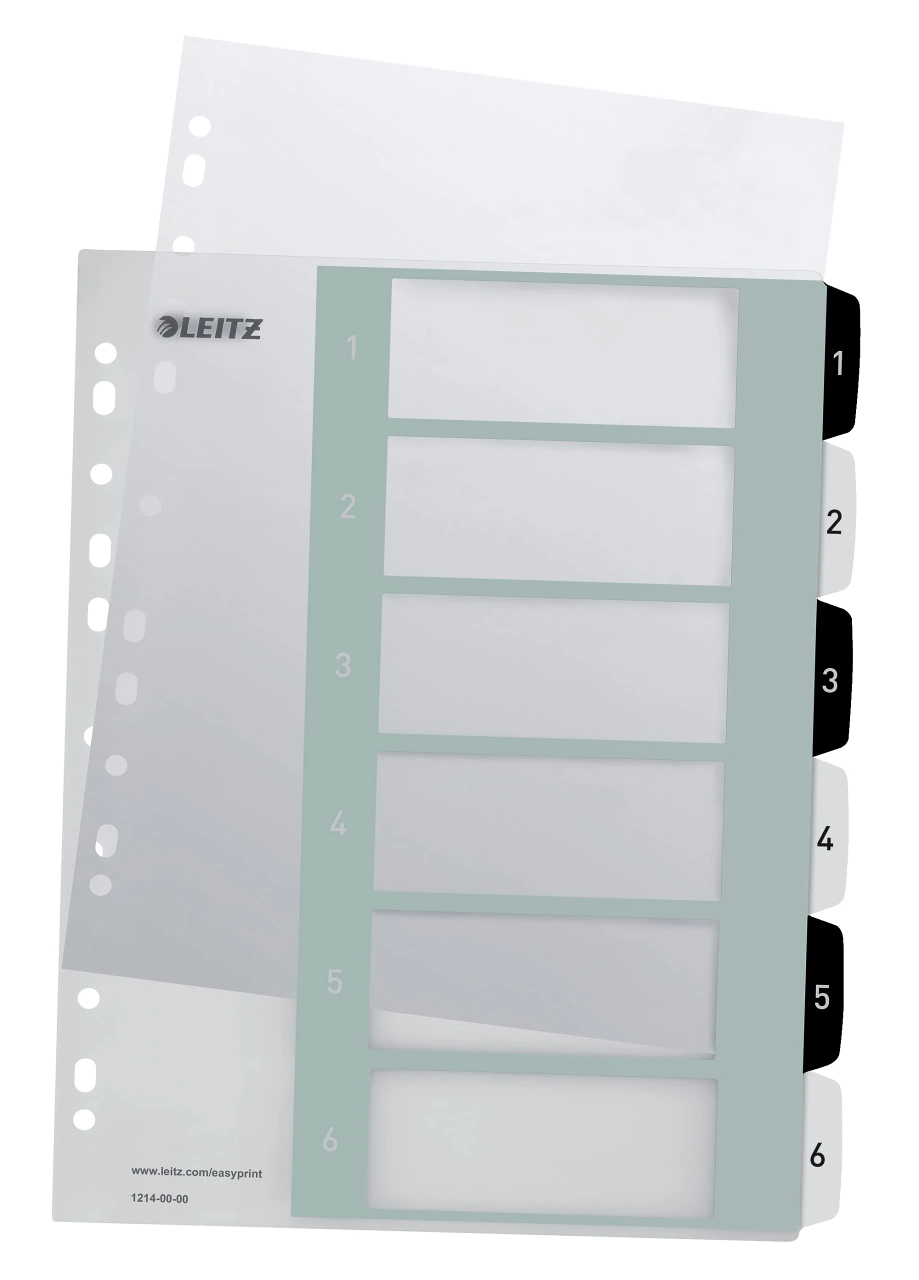 Leitz Wow Printable Index, Extra-Wide, 1-6 Numbered Tabs, PP, A4, White/Black