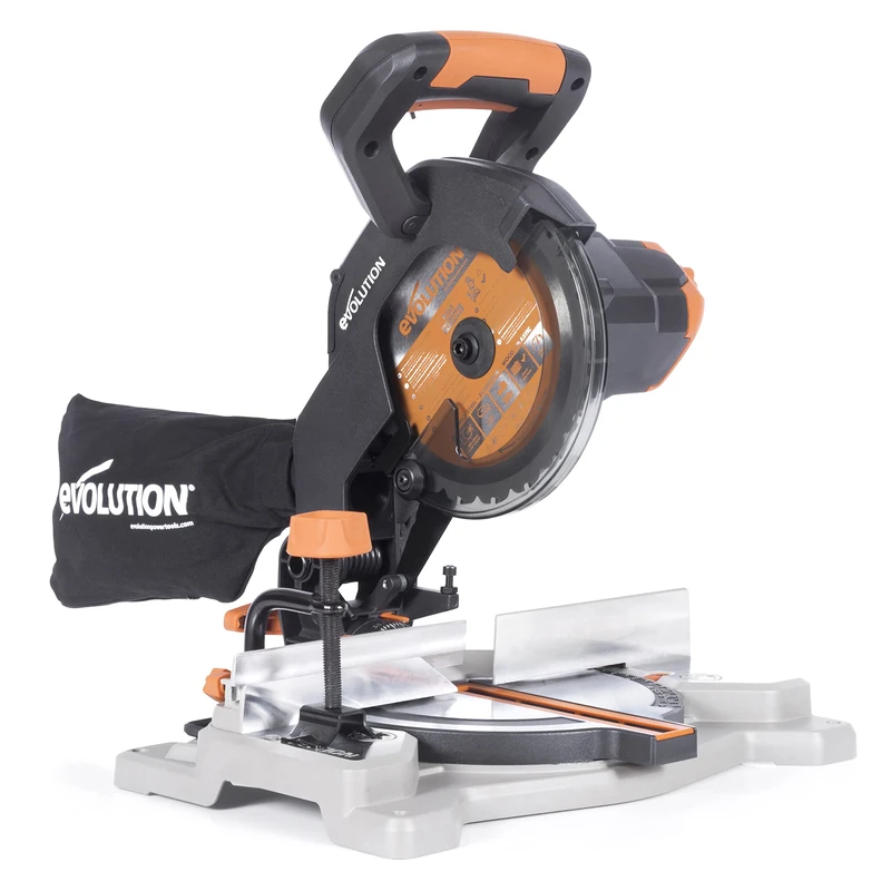 Evolution Power Tools R185CMS-Li Cordless Compound Mitre Saw with Multi-Material Cutting, 45° Bevel, 45° Mitre, 850W - Includes 185MM TCT Blade, Battery NOT Included, Black/Orange (088-0001)