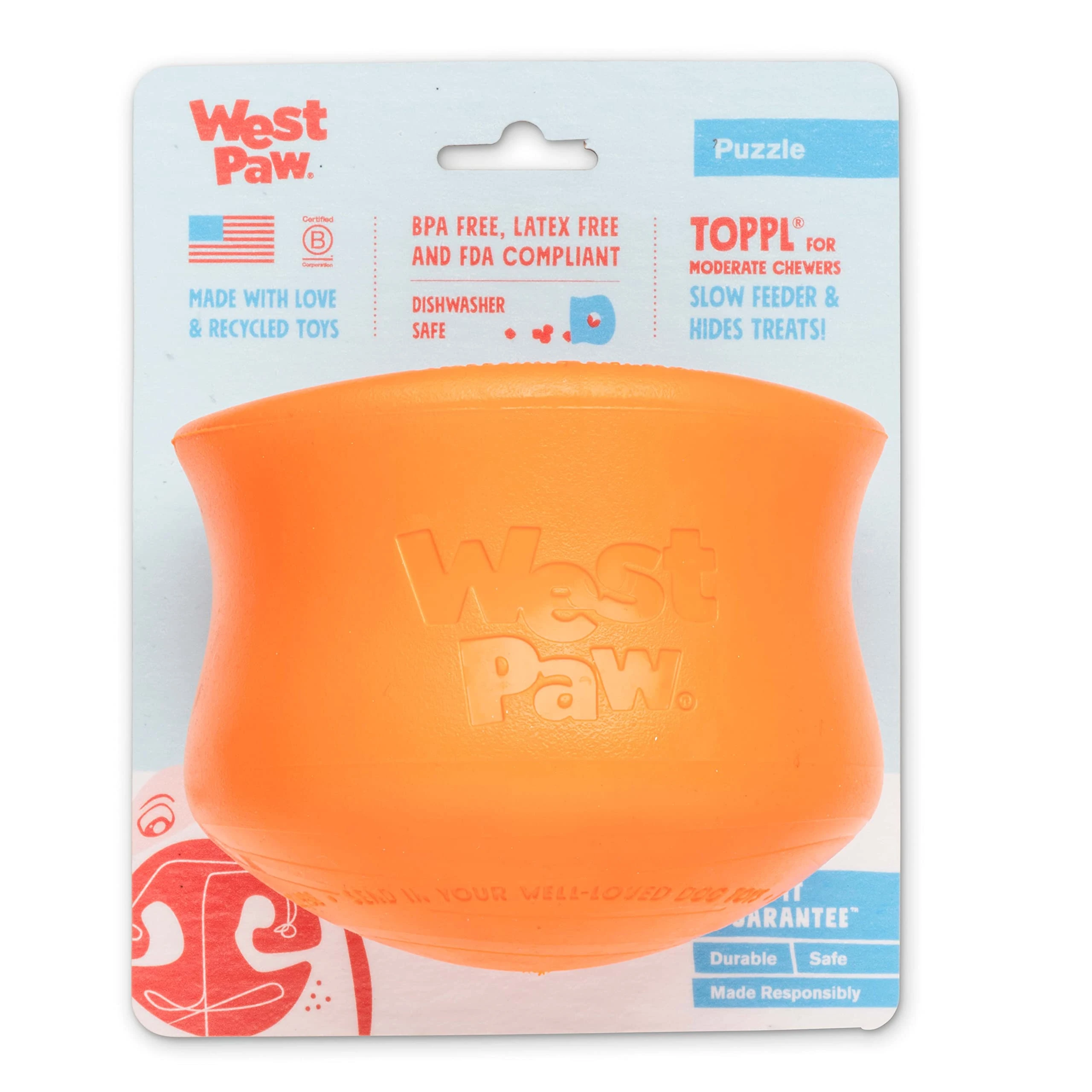 WEST PAW Zogoflex Toppl Interactive Treat Dispensing Dog Puzzle Play Toy, 100% Guaranteed Tough, It Floats!, Made in USA, Extra Large, Tangerine