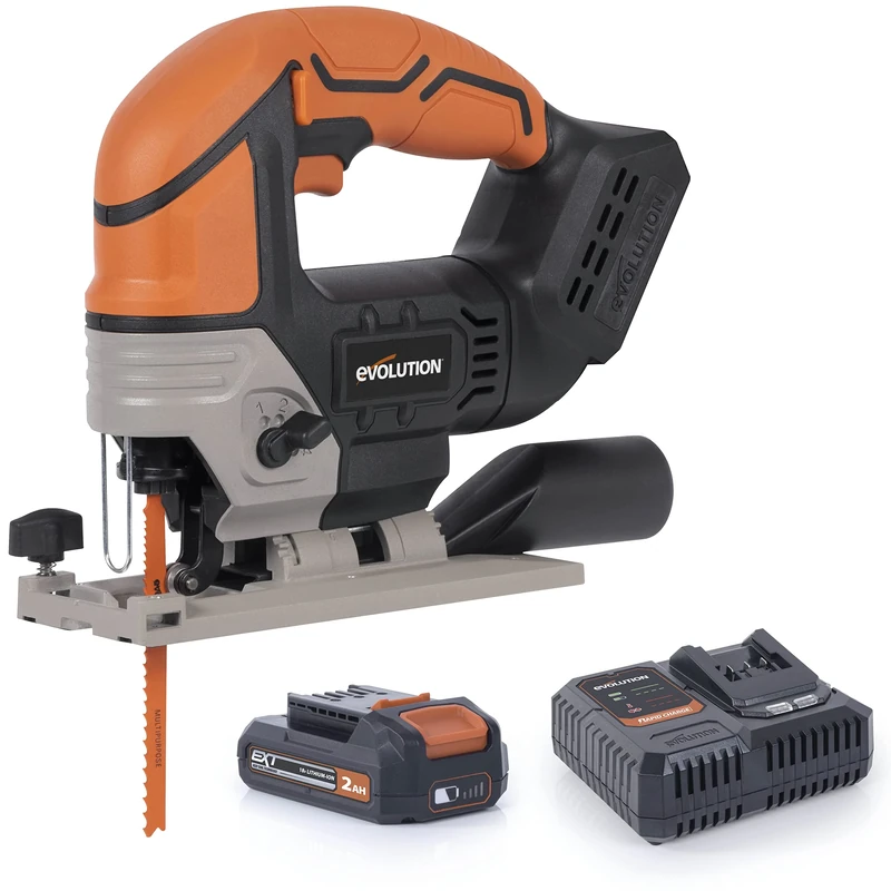 Evolution Power Tools R90JGS-Li Cordless Jigsaw with Parallel Edge Guide, 5 x Multi Purpose Blades for Multi-Material Cutting in Wood, Metal, Plastic, 18v Li-Ion 2Ah Battery & Charger Included