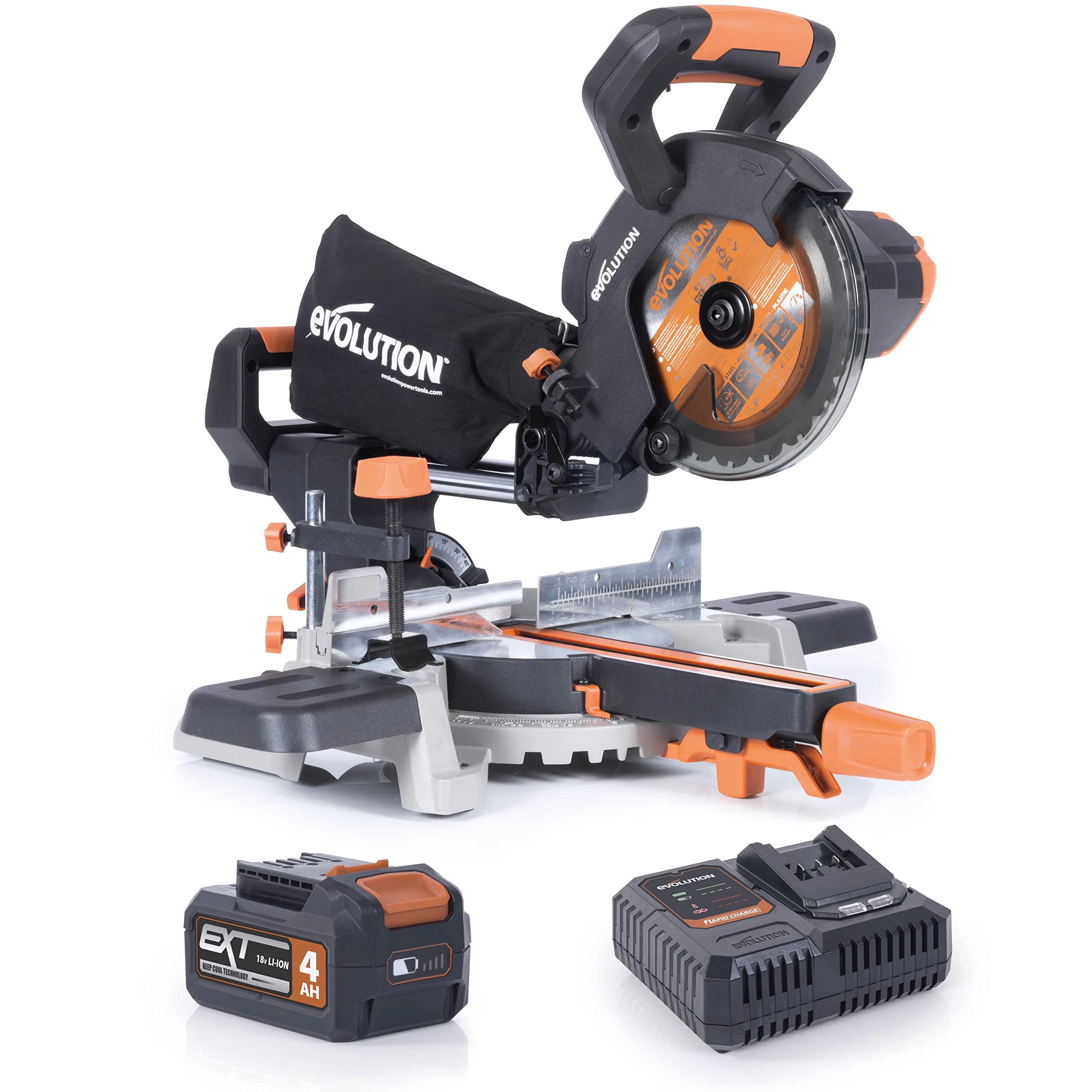 Evolution Power Tools R185SMS-Li Cordless Sliding Mitre Saw, 45° Bevel, 50° Mitre, 850W - Includes 4Ah Battery & Charger, 185MM TCT Blade, 3 Year Warranty, Black/Orange, (064-0001A)