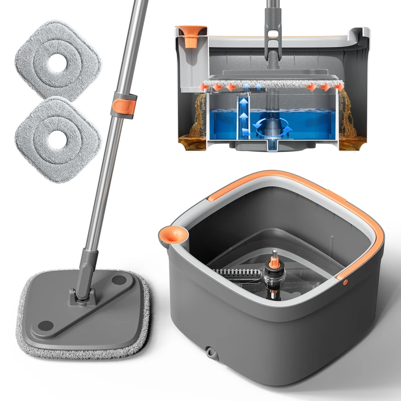 Spin Mop and Bucket Set with Self Separation Dirty and Clean Water System, Self Wringing 360° Rotating Square Mop-Head for Hardwood Tile Marble Floors