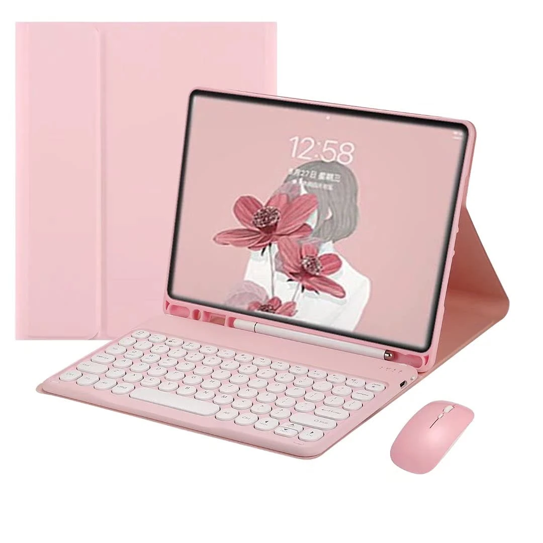 Keyboard Case for iPad Air 13 Inch Case (M3 2025/M2 2024)/iPad Pro 12.9 (6th, 5th, 4th, 3rd Gen) with Pencil Holder, Cute Round Key Detachable Keyboard Mouse Combo, Pink
