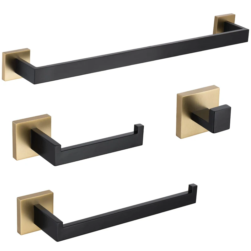TURS 4-Piece Bathroom Hardware Set Black and Brushed Gold Towel Bar Holder Set Stainless Steel Bathroom Accessory Set Wall Mounted