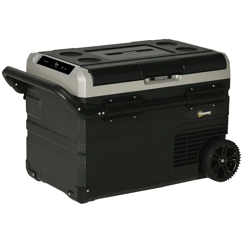 Outsunny 40L Car Refrigerator, Portable Compressor Cooler Box, Fridge Freezer w/Inner LED Light, Foldable Handles, Cup Holders, 12/24V DC and 110-240V AC for Campervan RV Boat Travel Down to -20℃