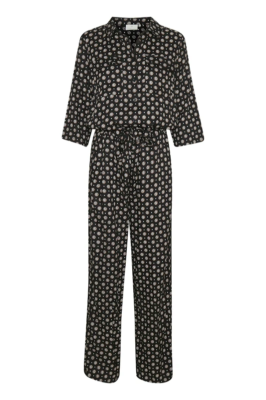 KAFFE Women's Print Jumpsuit with 3/4 Sleeves Wide Legs, Black Tie/Dot AOP, UK 8