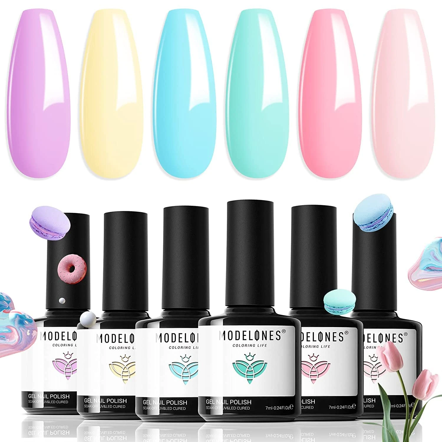 Modelones Gel Nail Polish Set, 6 Colors Pastel Gel Polish Pink Blue Purple Yellow Green Nail Polish Summer Nail Varnish Kit Soak Off Nail Art Manicure DIY Salon for Women