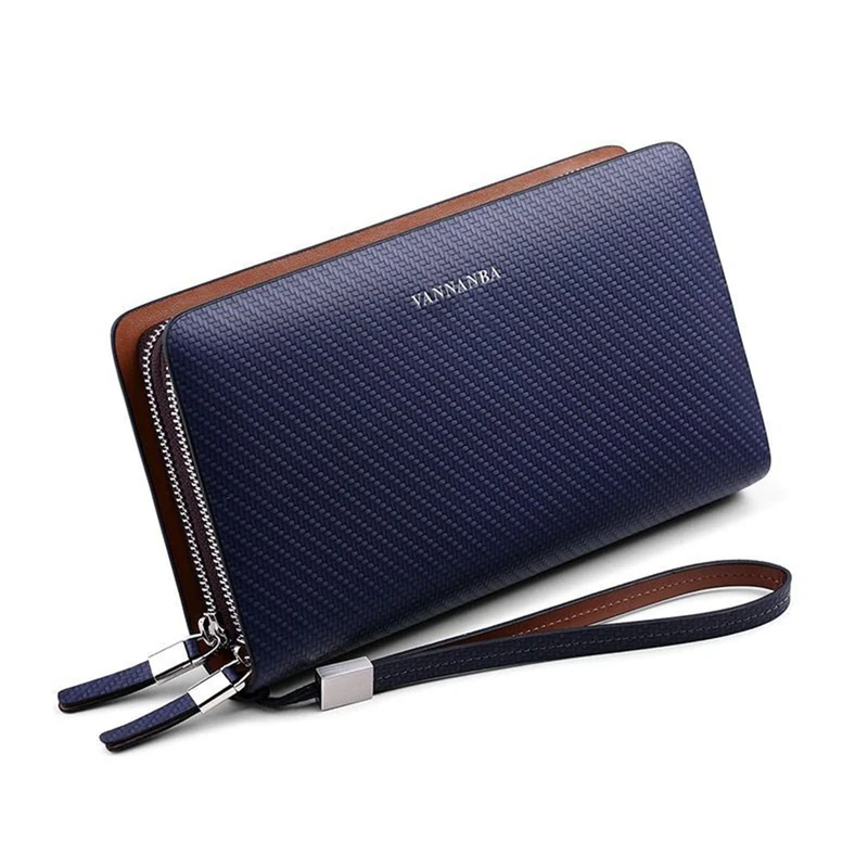 VANNANBA Men Clutch Wallet Large leather clutch bag Business Double Zip Handbag Blue Black, Blue, Casual - Image 1