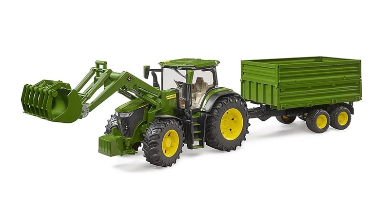 John Deere 7R 350 Tractor with Front Loader and Tandem Tipping Trailer – 1:16 Scale Farm Vehicle Set with Movable Loader, Tilting Trailer, Compatible with Bruder Figures & bWorld Accessories | Ages 3+