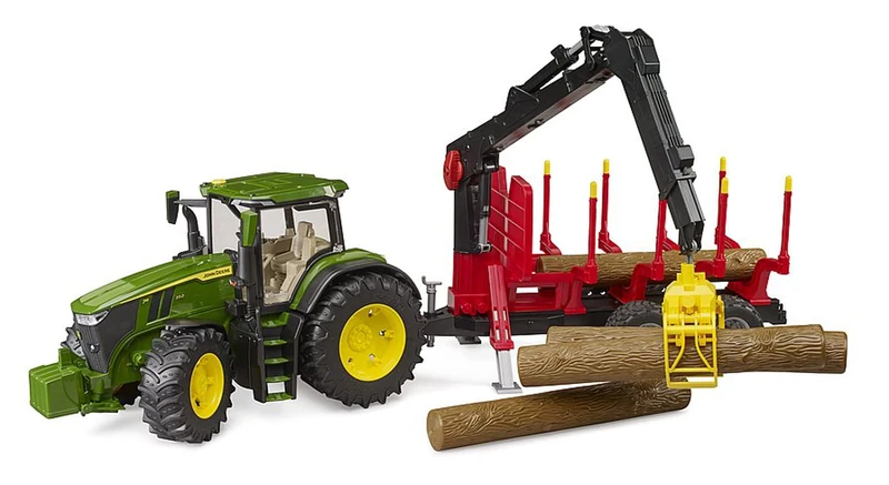 Bruder 03154 - John Deere 7R 350 with Back Trailer & 4 Tree Trunks - 1:16 Farm Agriculture Forestry Forestry Tractor Bulldog Wood Transporter Toy Vehicle - Image 1
