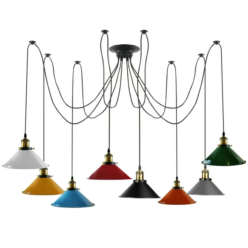 LEDSone 8 Head 22cm Multi Colour Cone Spider Pendant Light, Industrial Hanging Ceiling Lamp with E27 Base & 2M Adjustable Cord for Farmhouse Kitchen, Dining, Hallway