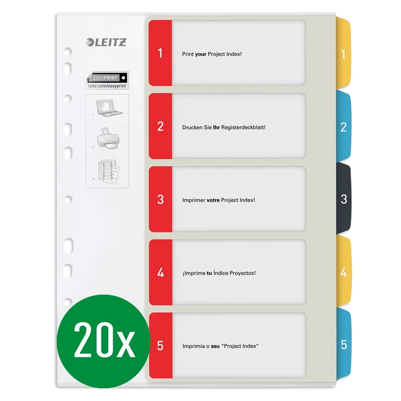 Leitz 12400000 Cosy Series PC Writeable Index A4 Format Pack of 20 1-5 Robust Multicoloured