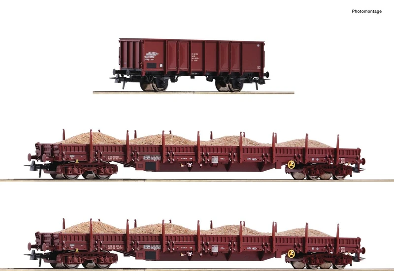 Roco 77041 H0 Set of 3 Freight Cars Sand Train of the DR Two Flat Cars Type Res Open Freight Car Ga - Image 1