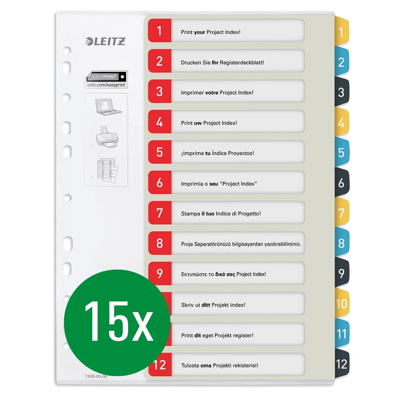Leitz 12480000 Cosy Series 15 Pack 1-12 PC Writeable Index Dividers A4 Size Heavy Duty Multicolour