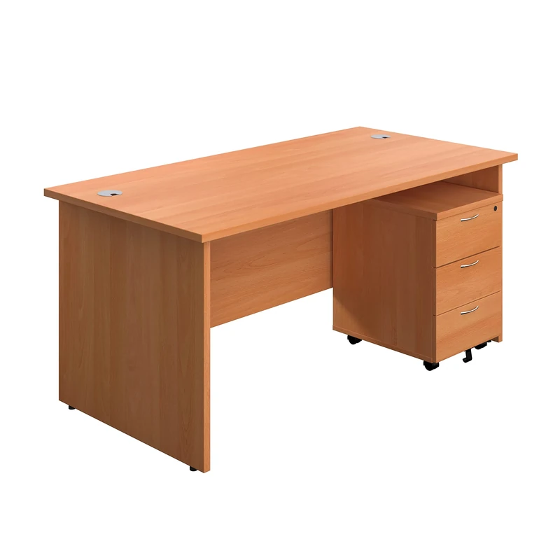 Office Hippo Panel Desk with 2 Mobile Storage Including Filing Drawer, A4, Foolscap, Engineered Wood, Beech, 180 x 80 x 73 cm