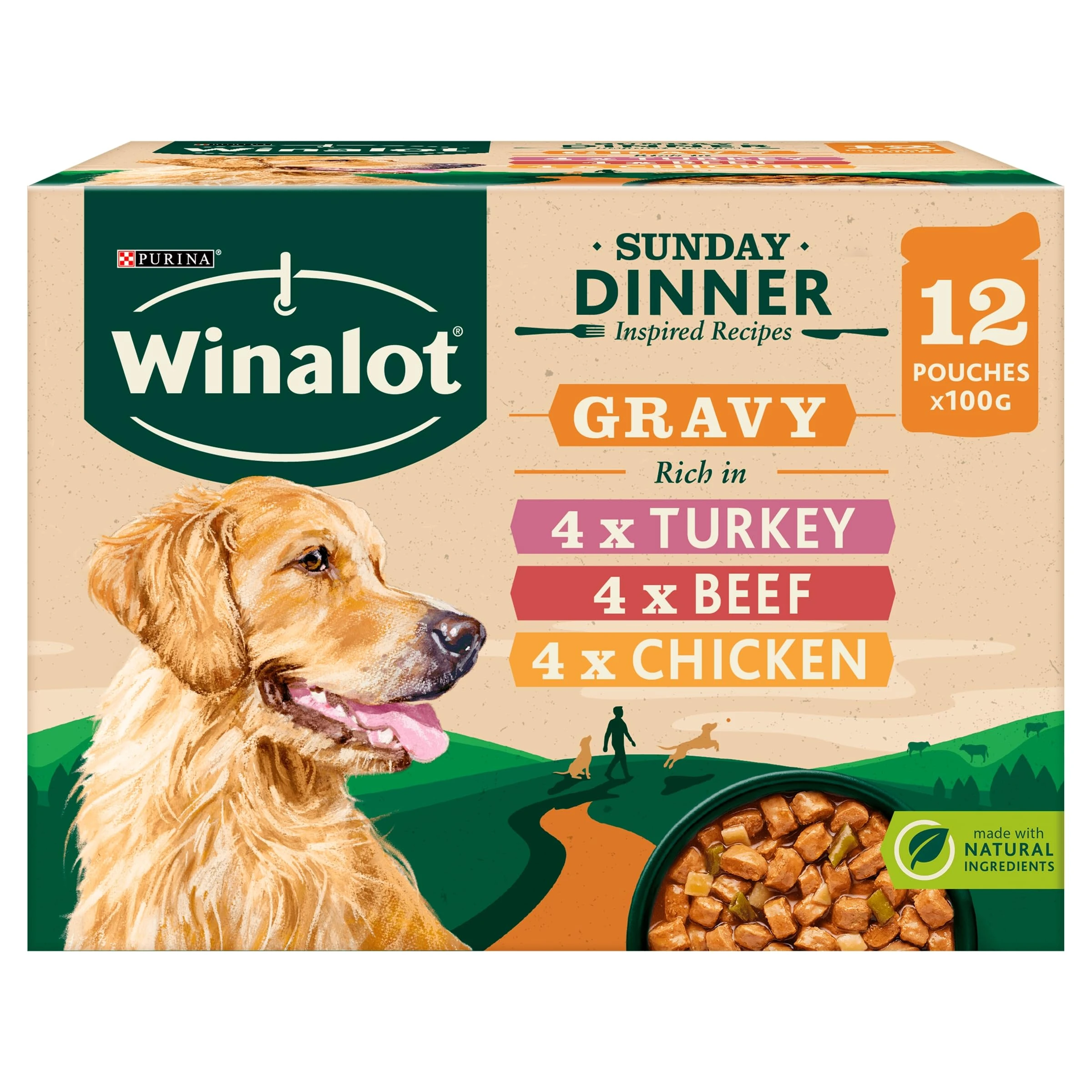 WINALOT Sunday Dinner Mixed in Gravy Wet Dog Food Pouches 12x100g (Pack of 4)