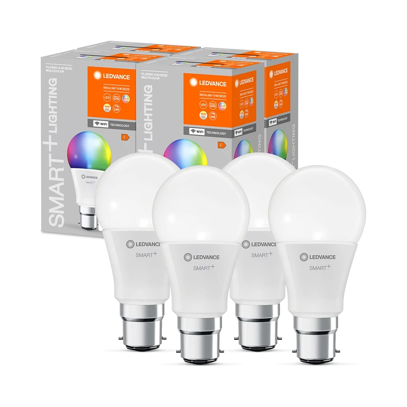 LEDVANCE Smart LED lamp with WiFi Technology, B22d Base, Dimmable, Light Colour Changeable (2700-6500K), RGB Colours Changeable, Replaces Incandescent Lamps with 60 W, 4-Pack