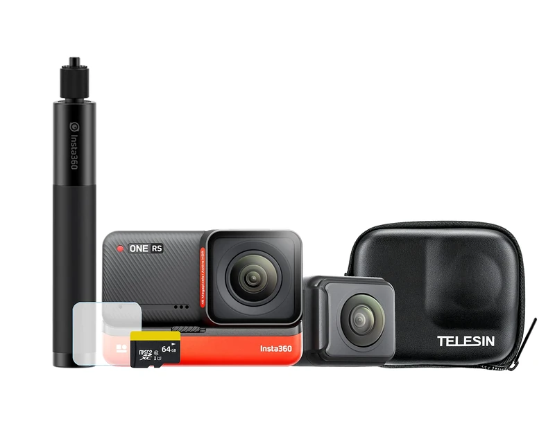 Insta360 ONE RS Twin 360 Edition Starter Kit - inc Selfie Stick + 64GB Card + Telesin Case + Screen Protector