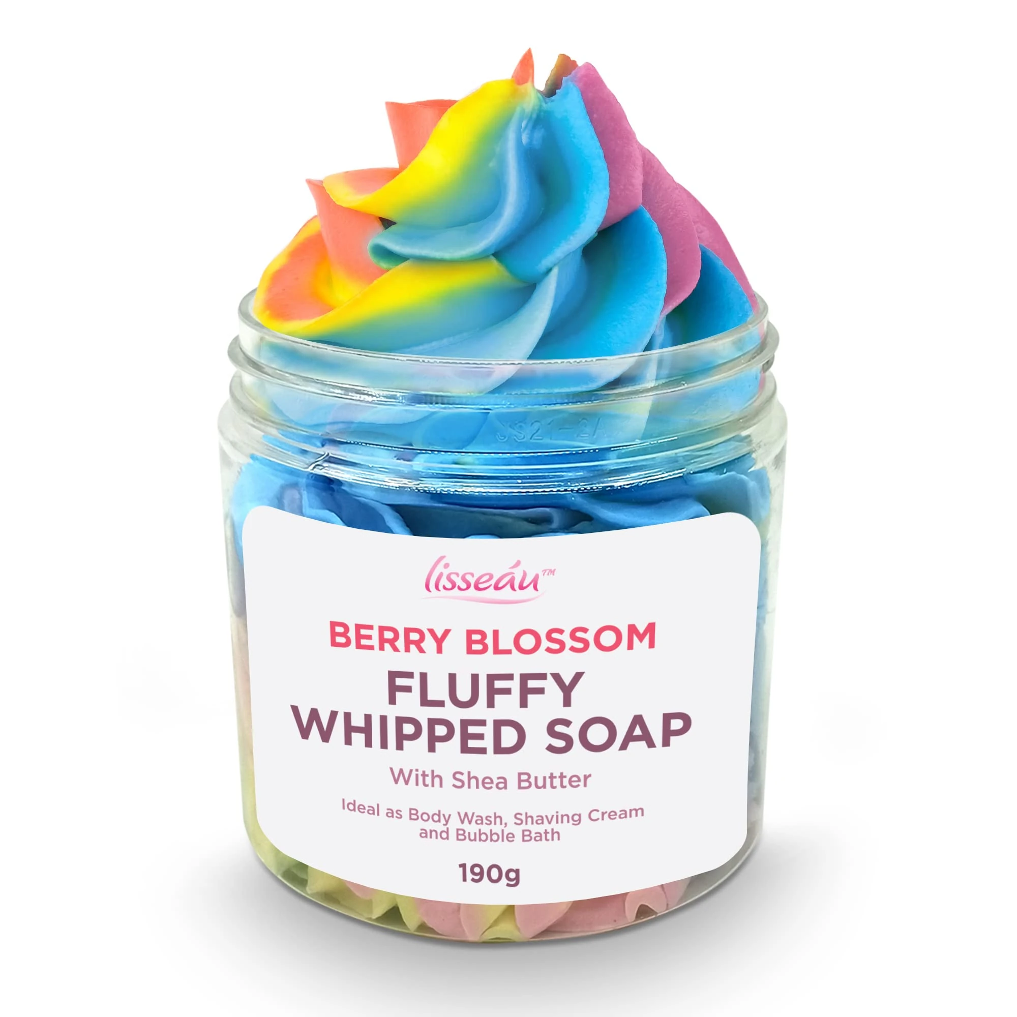 SOL Lisseau Fluffy Whipped Soap with Shea Butter - Berry Blossom 190g - Multi-Use Body Wash, Shower Cream, Shaving Soap, Bubble Bath, Travel-Friendly Jar, Vibrant Colours, Luxurious Berry Fragrance