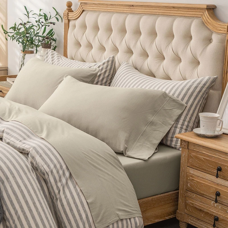 PURE ERA Jersey Knit 4pc Bed Sheet Set 100% T-Shirt Heather Cotton Super Soft Comfy Breathable Fits Mattress Up to 20'' Extra Deep Pocket (Dark Beige, Queen Double Bed)