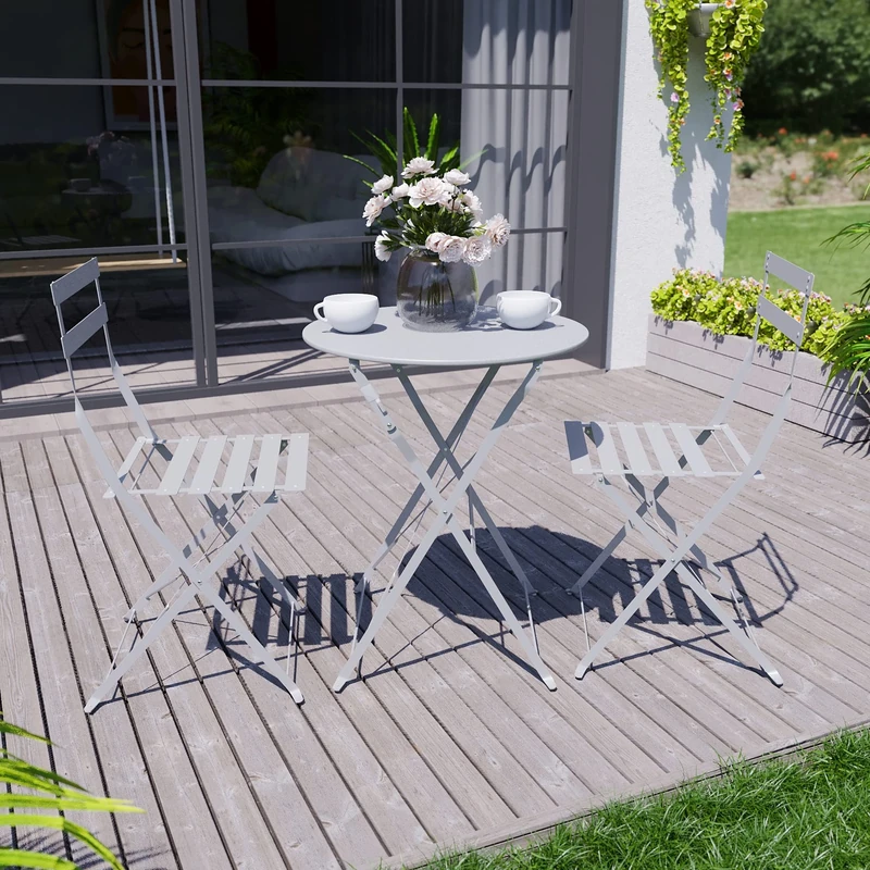 Garden Vida Porto 2 Seater Metal Folding 3 pcs Bistro Set For Garden, Patio And Balcony (Light Grey)
