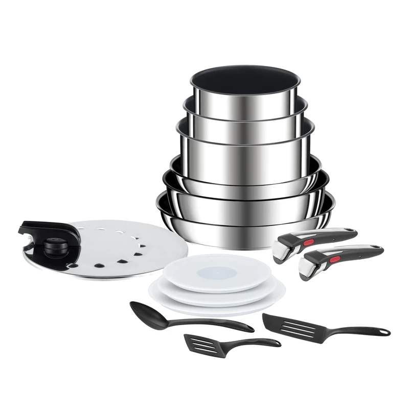 Tefal Ingenio 15-Piece Cookware Set, Induction, Stainless Steel, Non-Stick Coating, Temperature Indicator, Space Saving, Made in France, Preference On L9749802