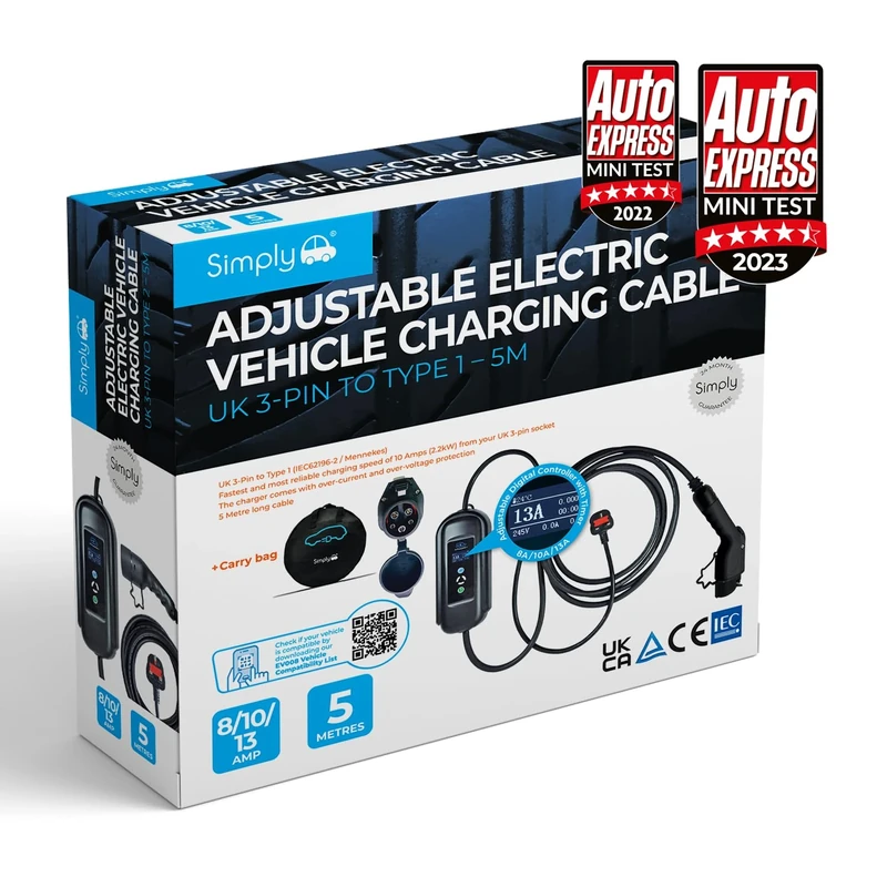 Simply EV008 Premium Adjustable Amperage Electric Vehicle Fast-Charging 3.1kW 8/10/13amp Cable - UK 3Pin to Type 1-5M - Durable and Flexible with Digital Controller and Carry Bag
