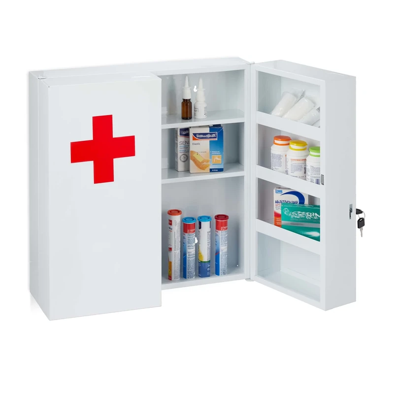 Relaxdays XXL Medicine Cabinet, 100% steel, White/Red, 53.5 x 53 x 19 cm