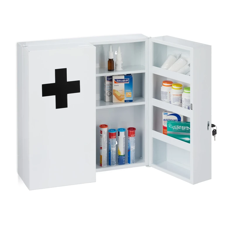 Relaxdays XXL Medicine Cabinet, 2 Doors, Lockable, 11 Compartments, 53.5 x 53 x 19 cm, Steel, Wall Mounted, White/Black