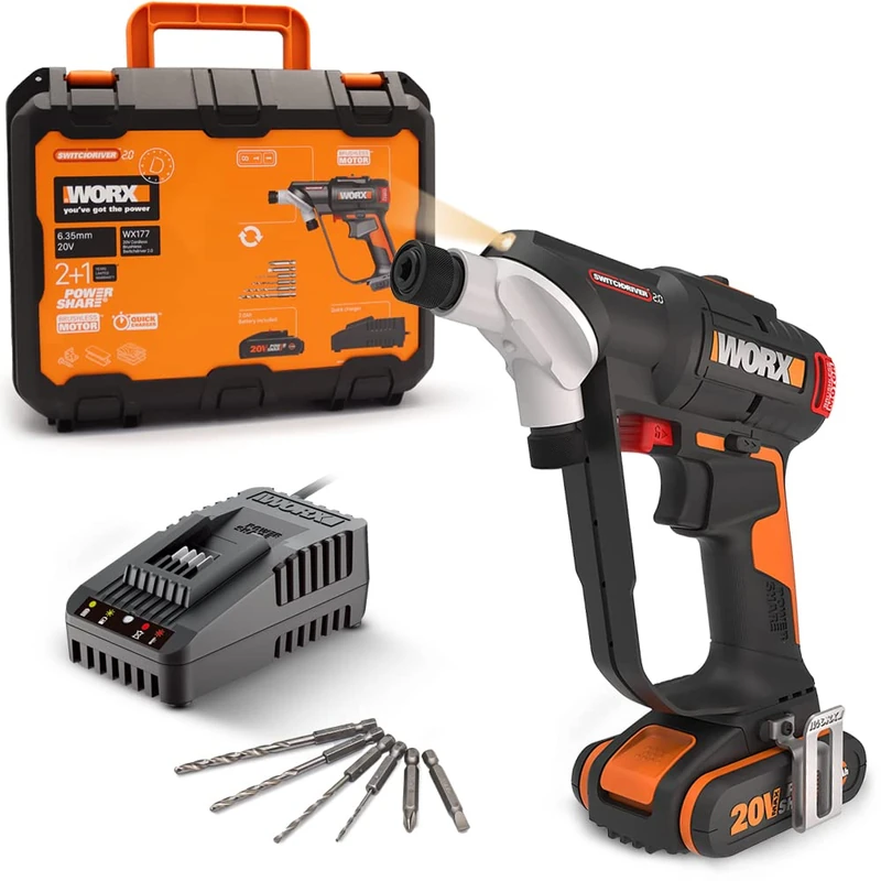 WORX Nitro Switchdriver 2.0 Cordless Drill 20V WX177, Max Torque 50Nm, Double End, Electronic Torque Adjustment, Brushless Motor, with 2Ah Battery and Charger