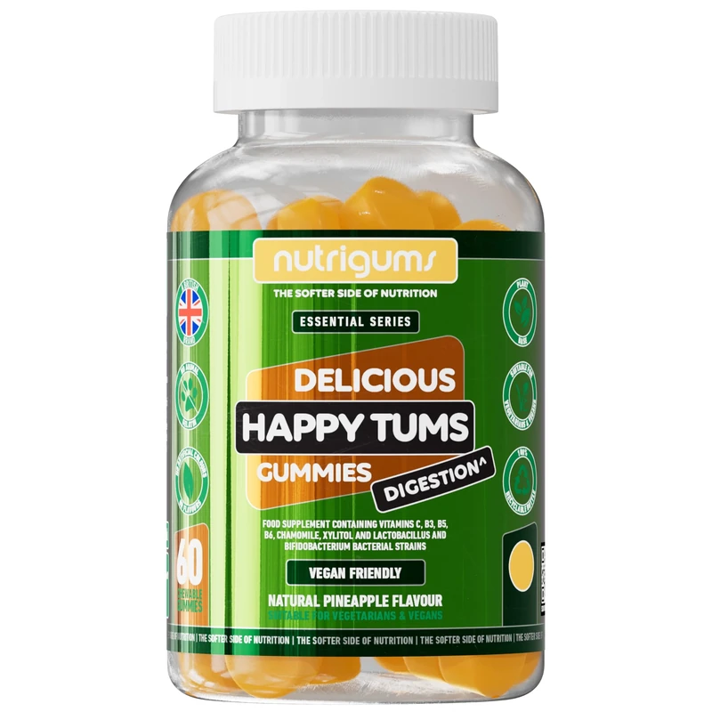 Happy Tums Probiotic Complex Gummy | 1.125 Billion CFU Triple Strain Probiotics, Vitamin C, B3, B5, B6 & Chamomile 1000mg | Pineapple Flavour | 60 Vegan Gummies | Gut & Digestive Health by NUTRIGUMS®